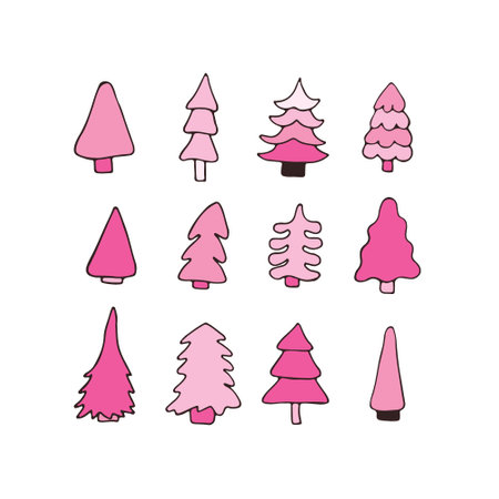 Set of cute pink trees with snowflakes for New Year and Christmas designs. happy new year. Vector. hand-drawn. flat design.のイラスト素材
