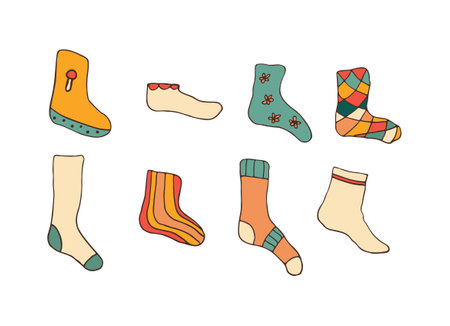 socks trendy colorful set. Modern socks in different colors. Socks for men, women, children. Cartoon design for web and print. isolated on white background. Vectorのイラスト素材