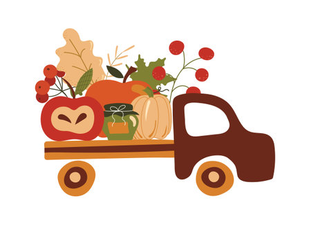 Bright, beautiful car carries a fresh harvest of fruits. All objects are separated. early autumn. Bright colors. vectorのイラスト素材