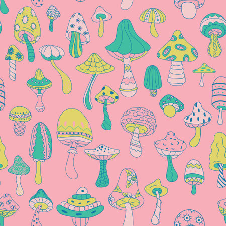 Seamless repeating pattern with bright colored mushrooms and twigs on a dark background. Pattern for fabric, wrapping paper, wallpaper. vectorのイラスト素材