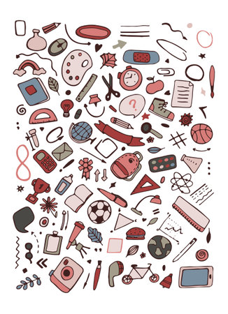 Back to school vector set of bright elements. educational clipart. school supplies. Cute flat style classroom objects. Ready for school stuff. back to school. vectorのイラスト素材