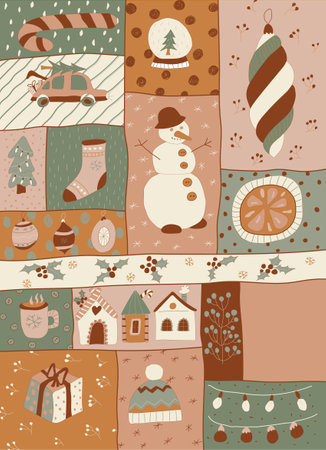 Bright Christmas Advent calendar. Winter holidays. Christmas attributes. Christmas banner. Vector.のイラスト素材
