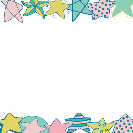 Stars of different designs are located along the edges. Frame, border. Simple symbol. Design element, ornament. Vector.のイラスト素材