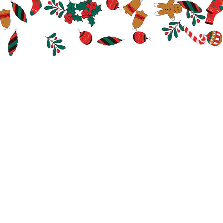Christmas card frame with empty space for wishes. Gingerbread, orange, Christmas tree decorations, branches, gift boxes, sock, holly berries. Vectorのイラスト素材
