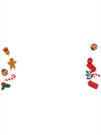 Christmas card frame with empty space for wishes. Gingerbread, orange, Christmas tree decorations, branches, gift boxes, sock, holly berries. Vectorのイラスト素材