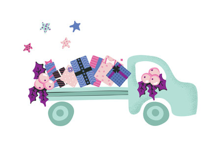 Car carries New Year and Christmas items. Happy new year. Christmas items. For the design of Christmas and New Year cards. Vector. Hand-Drawn.のイラスト素材