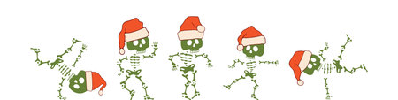 dancing skeleton in a Santa Claus hat. Set of dancing skeletons for a banner. flat illustration isolated on white background. retro style. Vectorのイラスト素材