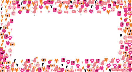 Bright frame background with Valentine's Day elements. Blank postcard, invitation to a holiday, wedding. Doodle. Vector.のイラスト素材