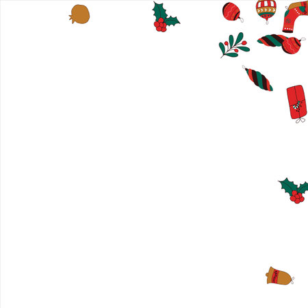 Christmas card frame with empty space for wishes. Gingerbread, orange, Christmas tree decorations, branches, gift boxes, sock, holly berries. Vectorのイラスト素材