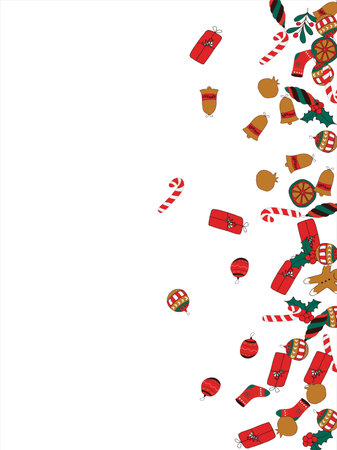 Christmas card frame with empty space for wishes. Gingerbread, orange, Christmas tree decorations, branches, gift boxes, sock, holly berries. Vectorのイラスト素材