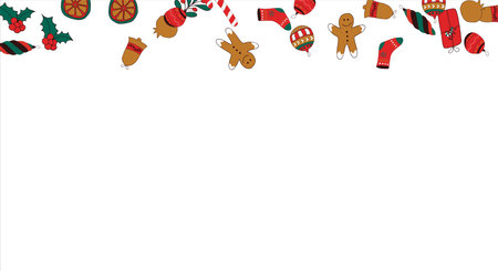 Christmas card frame with empty space for wishes. Gingerbread, orange, Christmas tree decorations, branches, gift boxes, sock, holly berries. Vectorのイラスト素材