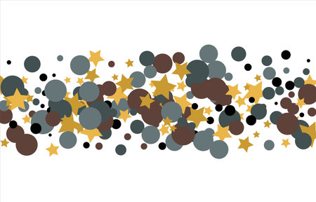 Gold, blue, brown, black confetti with circles and stars. Cosmic shine. Christmas abstract pattern. Beautiful illustration for postcard, banner, web. Background for the image. Vectorのイラスト素材