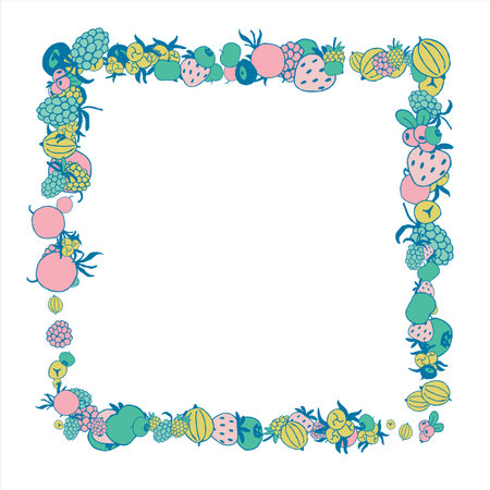 Frame of bright juicy berries. Frame with natural products. Empty space for text. Also can be used as banner, flyer, texture, poster. Hand drawing. Vector background.のイラスト素材