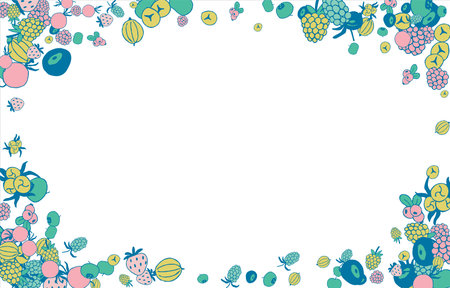 Frame of bright juicy berries. Frame with natural products. Empty space for text. Also can be used as banner, flyer, texture, poster. Hand drawing. Vector background.のイラスト素材