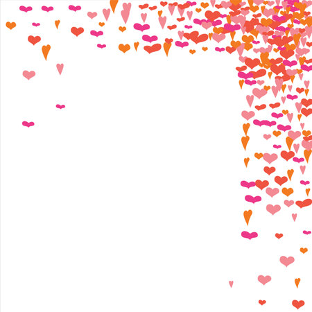 Bright hearts confetti corner frame on white background. Valentine's Day. Banner template. Space for text.のイラスト素材