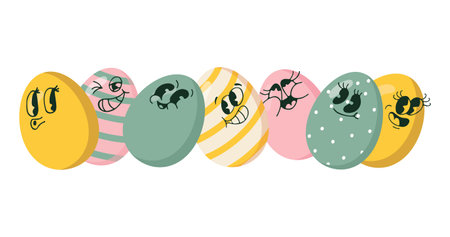Cute eggs with different characters. Eggs with faces. Funny Easter eggs with different facial expressions. Vectorのイラスト素材