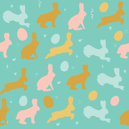 Rabbit flowers of eggs Seamless pattern mint color on a white background. Easter hare and holiday...