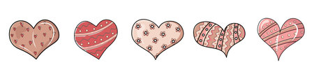 Set of fifteen beautiful pink hearts, isolated on white for your graphic design. Hand drawn. Vector.