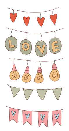 Set of decorative flags, lanterns, light bulbs for Valentines day for your design. Sticker pack. Isolated elements on a white background. hand drawn Doodle. Vector illustration.のイラスト素材