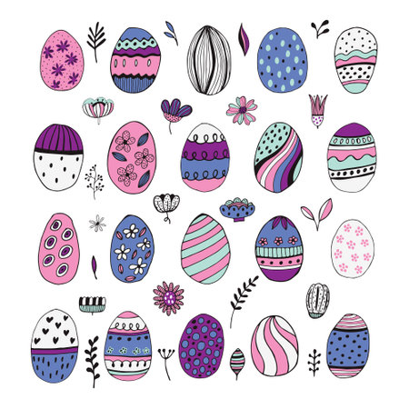 multicolored Easter eggs with botanical elements set doodle style. Happy easter hand drawn isolated on white background. spring holiday. Happy Easter. Vector.のイラスト素材
