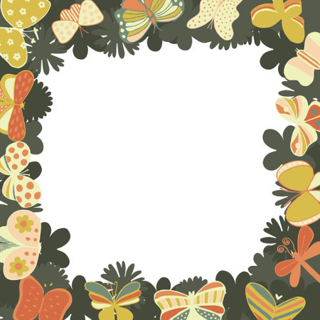 frame of colorful bright insects, twigs, hearts. Perfect for wallpapers, gift paper, greeting cards, fabrics, textiles, web designs. Vector illustration. Hand drawn.のイラスト素材