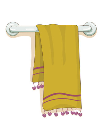 Cartoon heated towel rack with yellow color towel. Wash. Clean. Children about cleanliness. Isolated on white background. Heated towel rack in bathroom interior decoration. Vector.のイラスト素材