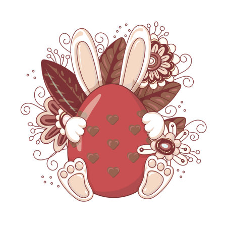 Easter bunny hid behind an egg a background of bright flowers and leaves, isolated on a white background. This Easter egg is decorated with hearts. Hand-drawn. Vector illustration.のイラスト素材