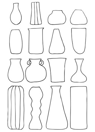 Vases of different shapes and sizes. Set of decorative vintage vases isolated on white background. Contours of flower vases. Vector illustration.のイラスト素材