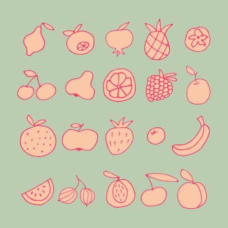 delicious juicy fruits set. Images of fruits isolated. Healthy food. Food doodle. Vector illustration.のイラスト素材