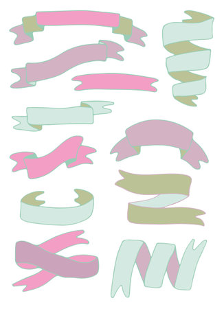 flat simple elements set in of different shapes. Ribbons, banners, bows, flags, icons, badges isolated on white background. For the design of childrens items, web design, shops.のイラスト素材
