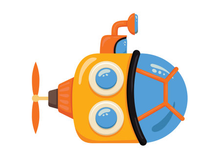 Bright bathyscaphe. Cute yellow submarine in cartoon style. Underwater transport. Vector illustration.のイラスト素材