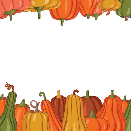 Bright juicy autumn background frame with pumpkins. Harvest day. Ripe pumpkins. Place for text. Autumn backgrounds. Vector illustrationのイラスト素材