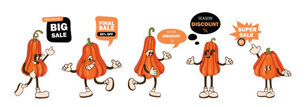Cute pumpkins for advertising campaign set. Pumpkins cute characters. Advertising, discounts. Seasonal autumn discounts. Vector illustration.のイラスト素材
