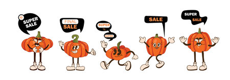 Cute pumpkins for advertising campaign set. Pumpkins cute characters. Advertising, discounts. Seasonal autumn discounts. Vector illustration.のイラスト素材