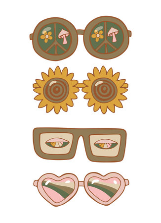 Set Glasses icon Doodle Clip Art Concept Vector Design Outline Style On White Background. Summer. Vector illustration of spectacles in black frameのイラスト素材