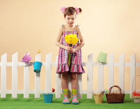 Studio portrait of cute kid girl Easter seriesの写真素材