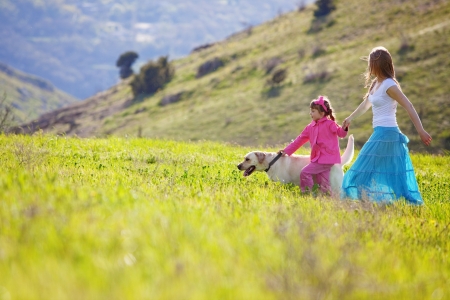Happy family walking with dog in green fieldの写真素材