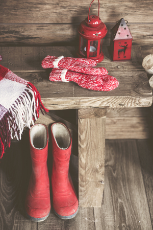 Winter home decor. Christmas rustic interior. Farmhouse decoration style.の写真素材