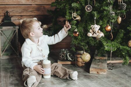 3 years old child celebrating holidays near Christmas tree, farm house designの写真素材