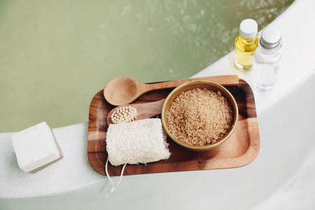 Spa decoration, natural organic products on a bath.の写真素材