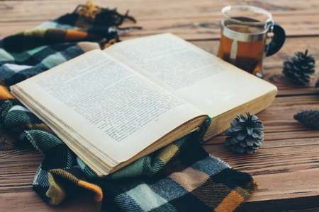 Mug with tea bag, book and plaid winter blanket on old brown wooden tableの写真素材