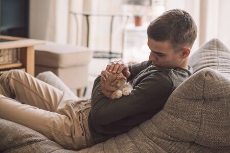 Owner playing with cat while relaxing on modern couch in living room interior. Young man resting...