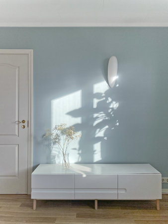 Living room furniture on floor in front of blue empty wall and white door. Home decor in vase, lamp above, sunlight and shadow.の写真素材