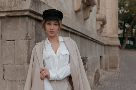 Young stylish beautiful woman wearing white shirt, beige textile coat and black cap posing outdoors against street wall. Trendy casual autumn outfit. Street fashion.の写真素材