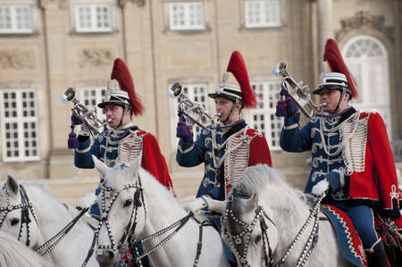 The Royal Danish Guard patrols the royal residence Amalienborg Palace and serves the royal Danish family.  Amalienborg is also known for the Danish Royal Guard, who patrol the palace grounds. The Danish Royal Guard march from Rosenborg Castle at 11.30am dのeditorial素材
