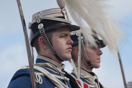 The Royal Danish Guard patrols the royal residence Amalienborg Palace and serves the royal Danish family.  Amalienborg is also known for the Danish Royal Guard, who patrol the palace grounds. The Danish Royal Guard march from Rosenborg Castle at 11.30am dのeditorial素材