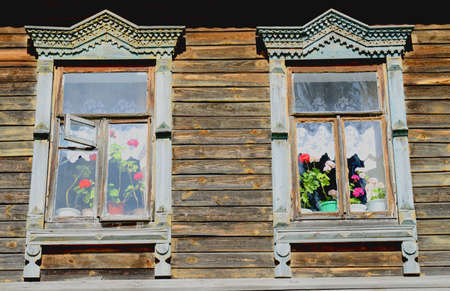 Traditional russian rural house window platband. の写真素材