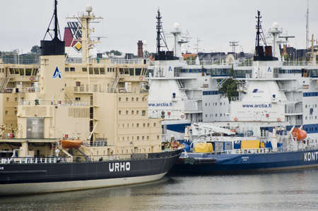 Ice breakers waiting for winter in the Helsinki port. Taken on November 2011 Helsinki, Finland.のeditorial素材