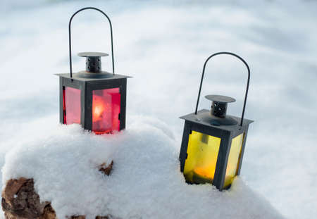Two lamps set on the snowの写真素材