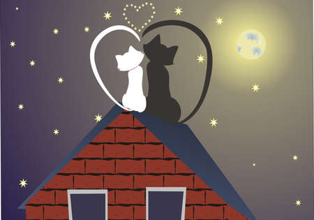 Black and white cats on a roof at a moonlightのイラスト素材